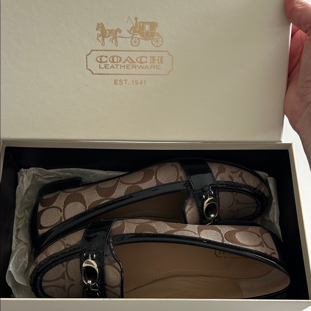 COACH Brown Signature Canvas Loafers with Black Patent Trim